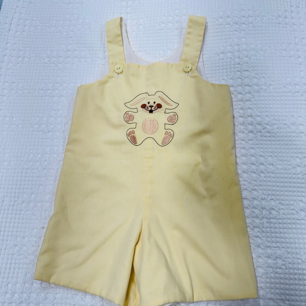 Yellow Kids Overalls with Bunny Design, embroidered Easter, embroidered bunny